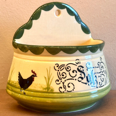 Salt cellar - hanging model - Zeller faience Germany (older stamp) - decor Hahn &amp; Henne (Rooster &amp; Hen) with inscription SALZ - hand-painted