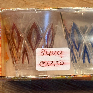 Box of 6 shot glasses - VMC (Verrerie Mecanique Champenoise) - in red/blue/yellow