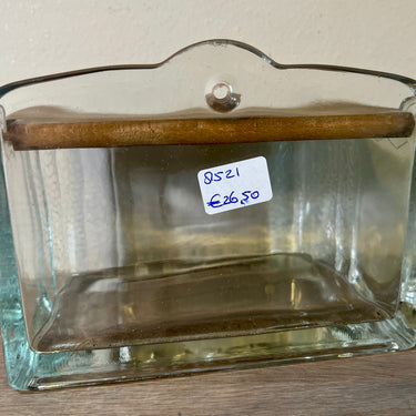 Zoutpot / Voorraadpot - volledig uitgevoerd in glas met houten deksel - met ophangoog