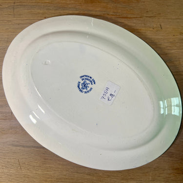 Werbetablett / Tablett - ovales Modell - Société Céramique Maestricht - blau-weiße Dekoration mit der Aufschrift 'E. Noack's Royal Meat Works Amersfoort Holland'