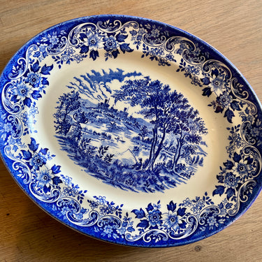 Platter / Plate - flat, oval, model - Broadhurst Staffordshire - Ironstone - made in England - decor FISHERMAN/THE ENGLISH SCENE in blue