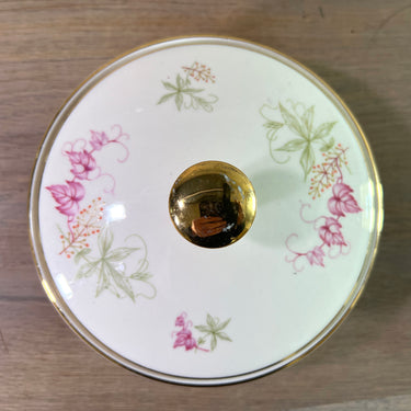 Candy dish - Bavaria Germany - decoration with pink and green leaves and gold accents/rims