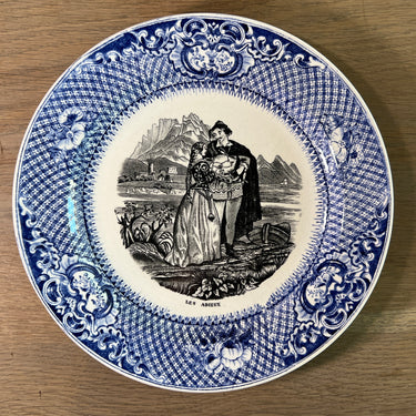 Sierbord / Dessertbord - J.B. Cappellemans ainé Jemmapes - decor SUJETS CHAMPĒTRE 'les Adieux' in zwart/wit met blauw/witte rand