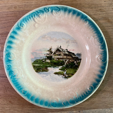 Ontbijtbord / Dessertbord - Nimy - Mouzin Lecat - decor met rivier met huis en blauw bewerkte rand