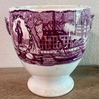 Candy Jar / Sugar Bowl - without lid - Mouzin Lecat (Nimy) - MARITIME decor in lilac/purple with ships and (ware)houses of Antwerp