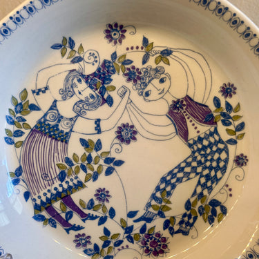 Ovenschaal / Schaal - met steel/handgreep - Figgjo Flint - décor LOTTE uitgevoerd in de kleuren blauw, paars en groen