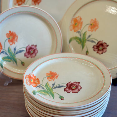 Gebakset / Taartset - 14-delig - Boch - décor van dieppaarse en oranje bloemen
