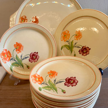 Gebakset / Taartset - 14-delig - Boch - décor van dieppaarse en oranje bloemen