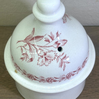 Deckel einer Kaffeekanne – vielleicht Nimy? - Dekor-Ausrüstung? in rot mit Nelken und einem Schmetterling ausgeführt