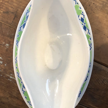 Sauskom / juskom op vaste onderschotel - Société Céramique Maestricht - strak geometrisch décor SB478C in heldergroen en blauw