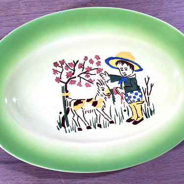 Bowl / Plate - flat, oval, model - children's tableware - Schramberg (SMF) - decor with green that goes from light to darker