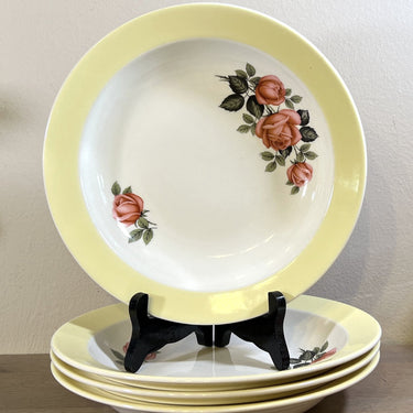 Deep plate / Soup plate / Pasta plate - Petrus Regout - pastel yellow edge and decor of pink roses