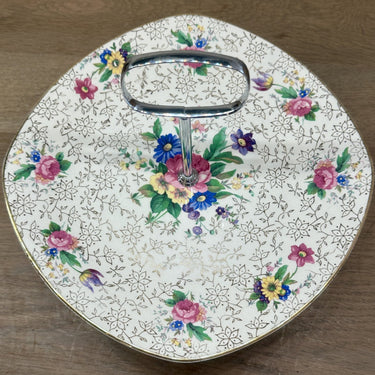 Biscuit dish / Presentation dish - Midwinter Stylecraft / Staffordshire England - floral decor - chrome base and handle