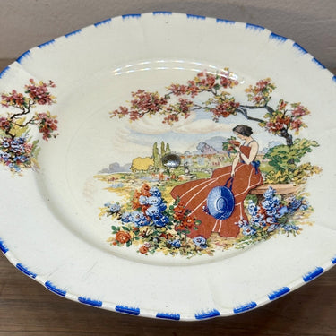 Presentation dish - chrome base - Coronet Ware / Parrot &amp; Company Burslem - decor with lady in red dress among flowers