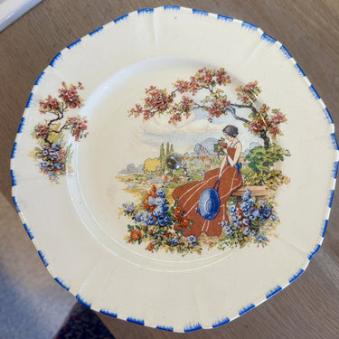 Presentation dish - chrome base - Coronet Ware / Parrot &amp; Company Burslem - decor with lady in red dress among flowers