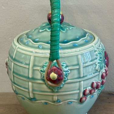 Biscuit jar with wicker/plastic handle - AJ Wilkingson / Royal Staffordshire Pottery - made in the shape of a fruit man