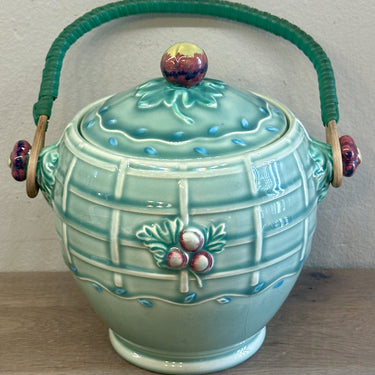 Biscuit jar with wicker/plastic handle - AJ Wilkingson / Royal Staffordshire Pottery - made in the shape of a fruit man