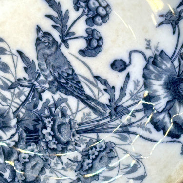 Präsentationstablett - niedriges Modell - Nimy-Mouzin LeCat - Dekor mit Vogel zwischen Blumen in flüssigem Blau