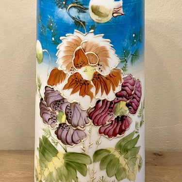 Vase - opaline white glass with hand-painted flowers and azure blue background