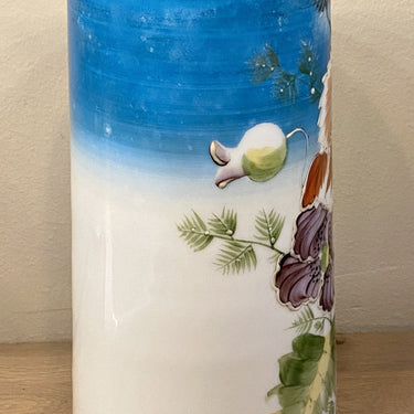 Vase - opaline white glass with hand-painted flowers and azure blue background
