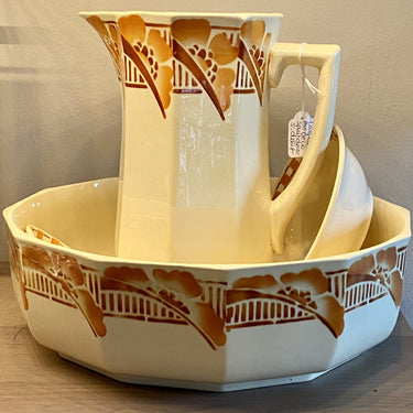 Lampetset - 5-delig - ongemerkt - onderglazuur spuitdecor uit de Art Deco periode