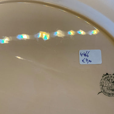 Teller - groß oval - Boch - rosa mit schwarz/rotem Streifendekor am Rand