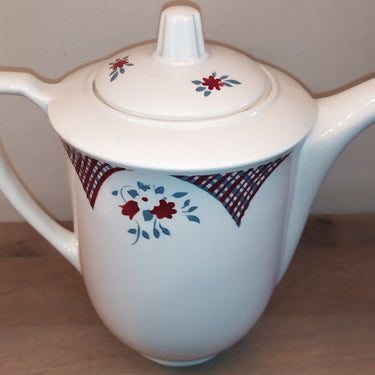 Koffiepot créme - St. Amand - décor van rood/grijs en paarse bloemetjes
