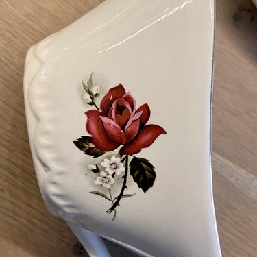 Sauciere / Untertasse - Digoin &amp; Sarreguemines - mit dunkelrosa Rosendekor und goldenen Linien