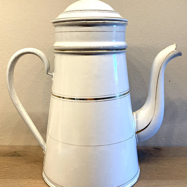 Coffee pot plus filter - white enamel with gold striped decoration - unmarked, probably French