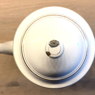 Coffee pot plus filter - white enamel with gold striped decoration - unmarked, probably French