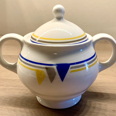 Sugar bowl - Petrus Regout - decor of grey with blue and yellow
