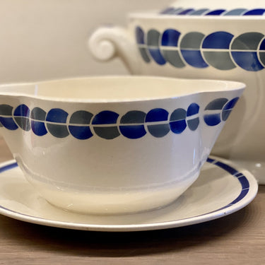Gravy boat two spouts - Badonviller - decor GABRIELLE in gray and blue - Art Deco