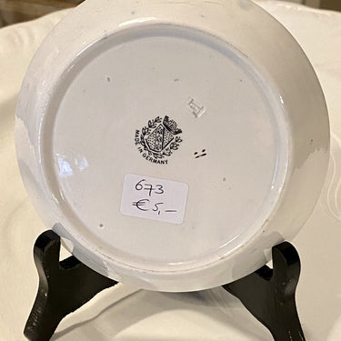 Saucer - with high raised edge - maker unknown, but marked - decor of blue flowers and gold
