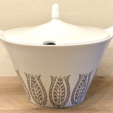 Deckelschale - Mosa - Marke mit 3 Bögen und 2111J - Form GRACIA - Dekor PERISTO aus grauen stilisierten Tulpen