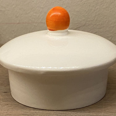 Lid of sugar bowl - marked with HARLEKIN ges. Gesch. - decoration of orange and black balls