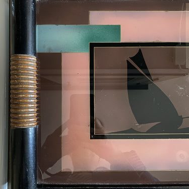 Tablett - schwarz gebeiztes Holz mit braunen holzfarbenen Griffen und Glassockel