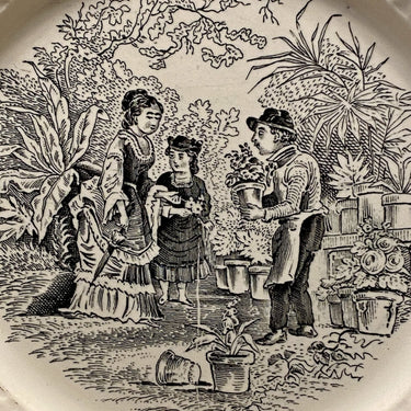 Plate - Petrus Regout - decor in black/white RUSTIC of a lady with her chaperone