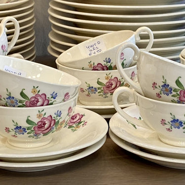 Cup and saucer cream white - Mosa - ca. 1960s - decor 8449 of pink rose with colored flower bouquet