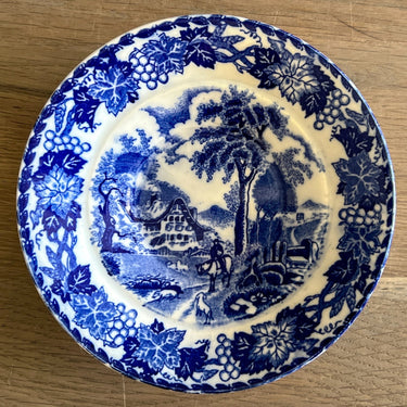 Schoteltje - ongemerkt - decor in blauw met een man paard, een huis en een druivenrand